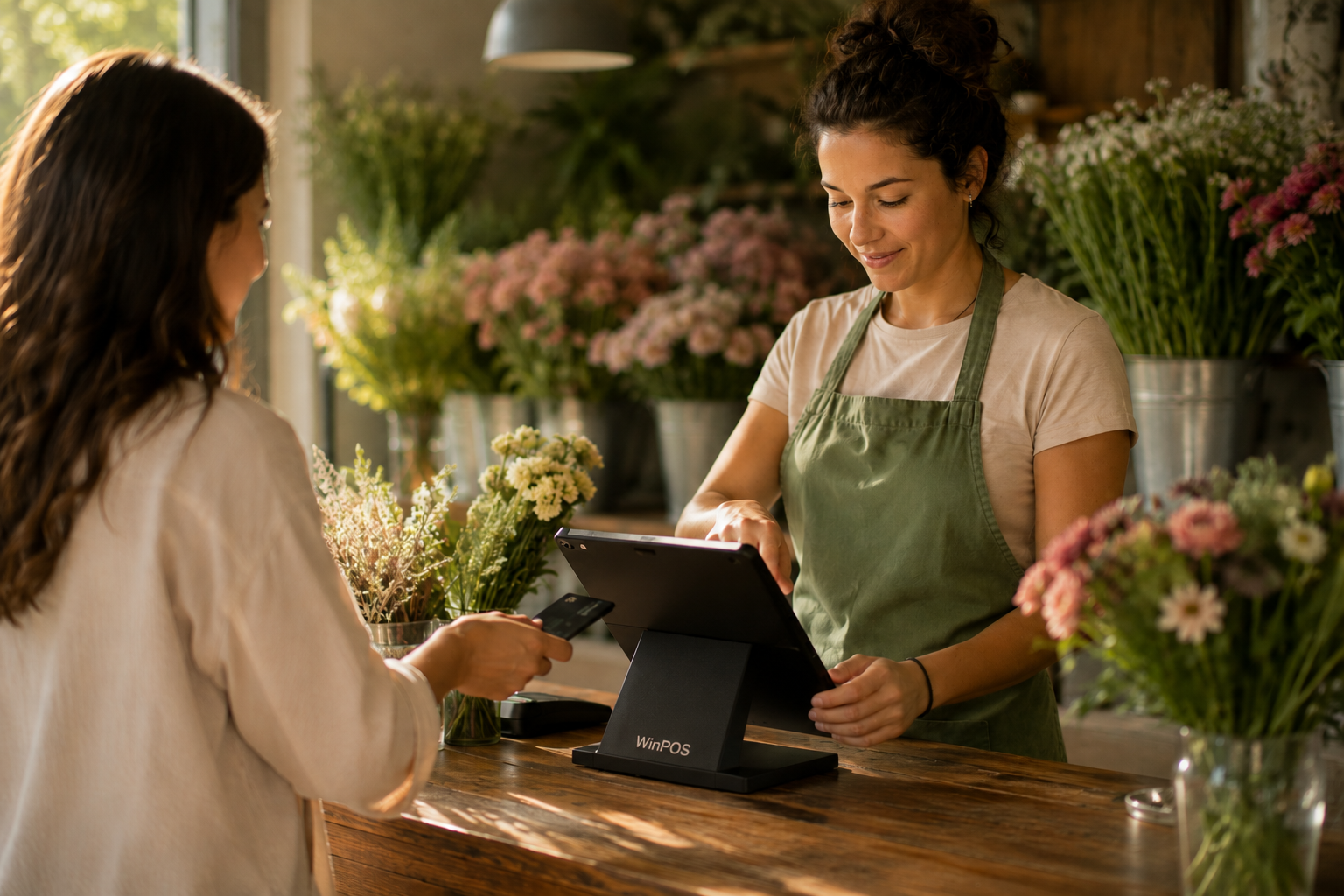 Cajera atendiendo con WinPOS® en una floristería