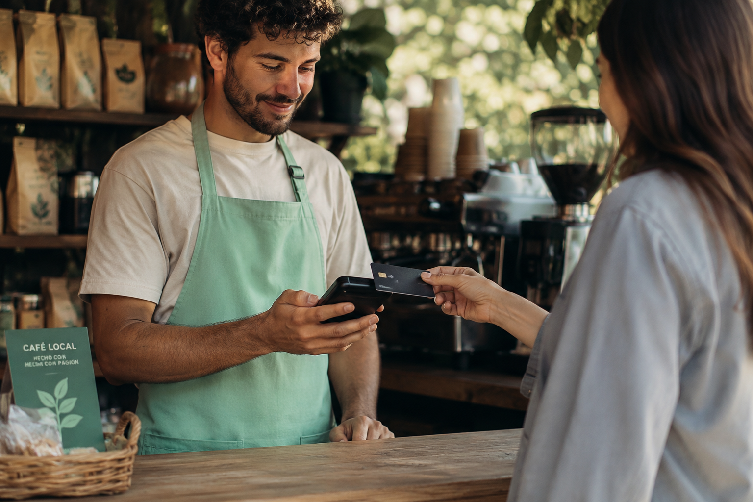 Cliente pagando con tarjeta en un café