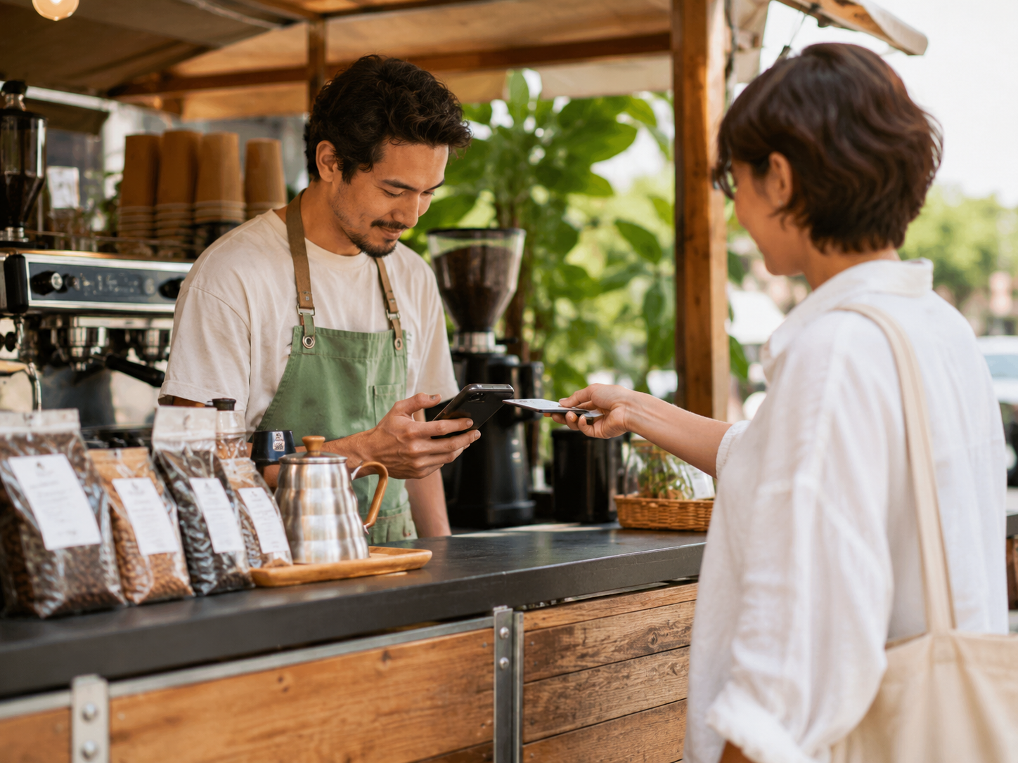 Barista cobrando desde un celular en un carro de café